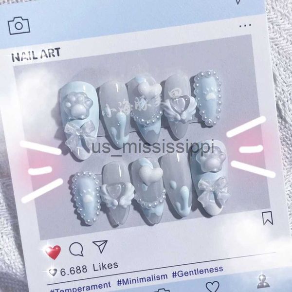 

false nails blue cute sweet and cool cat claw artificial nail sticker handmade false nail wearable patch detachable finished product x0826, Red;gold