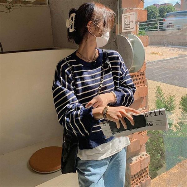 

autumn and winter cardigan striped round neck sweater female niche design lazy fashionable loose, White;black