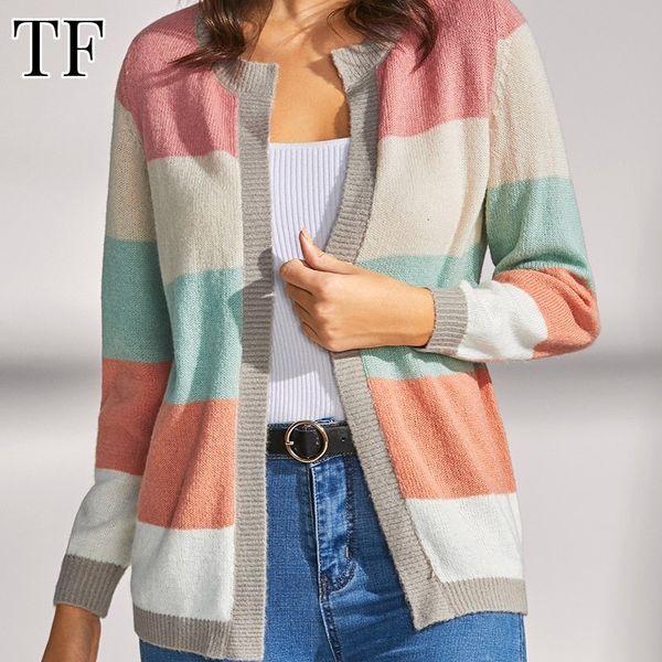 

womens knits tees splicing stripes korean fashion knitted cardigan women o neck loose sweater female contrast autumn winter knitwear cardiga, White