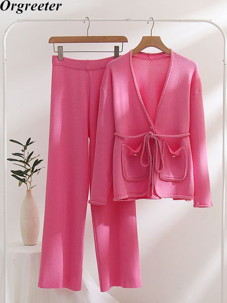 

women's two piece pants spring autumn knitted suits women long sleeve sweater and wide leg pants sets outwear loose lace up cardigan ou, White