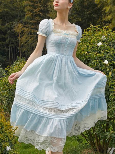 

blue france vintage midi dres lace elegant party princess dresses female spuare neck korean sweet fairy dress summer 230808, White;black