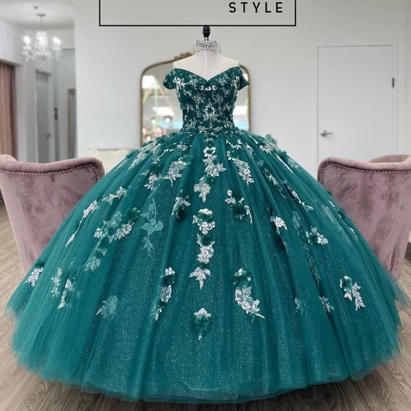 

blackish green shiny princess ball gown v-neck quinceanera dress 3dflower applique beads birthday party sweet vestidos de 15 anos, Blue;red