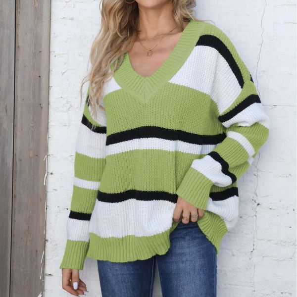 

item title womens pullover sweater clothing autumn and winter v neck contrast color stitching loose fashion, White;black