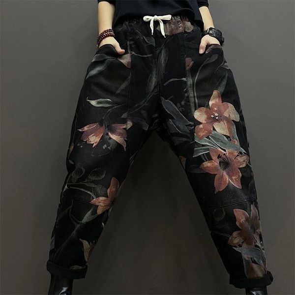 

women's jeans arrival springautumn women patchwork cotton denim anklelength pants elastic waist vintage print harem v459 230826, Blue