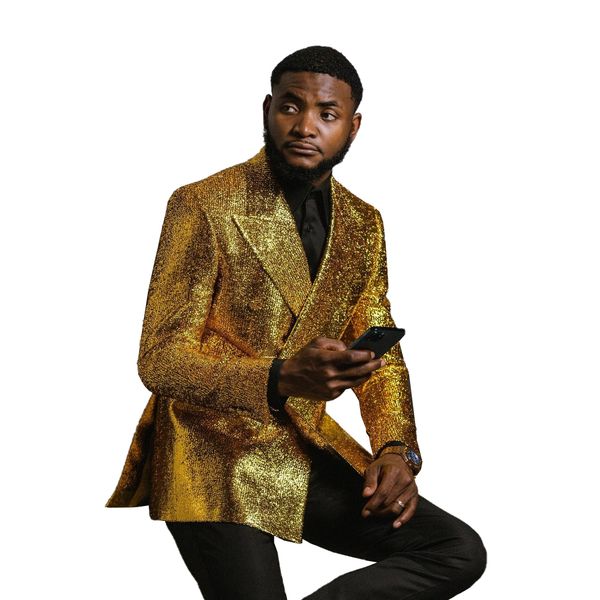 

shining wedding tuxedos gold 2 pieces peaked lapel double breasted pockets customize coat black pants fashion formal prom occasions tailored, Black;gray