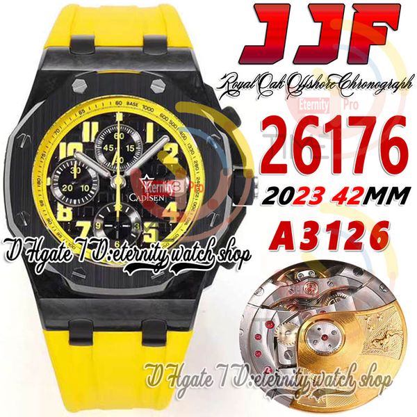 

jjf 2617 bumblebee a3126 chronograph automatic mens watch 42mm forging carbon case black textured dial yellow rubber strap super edition ete, Slivery;brown