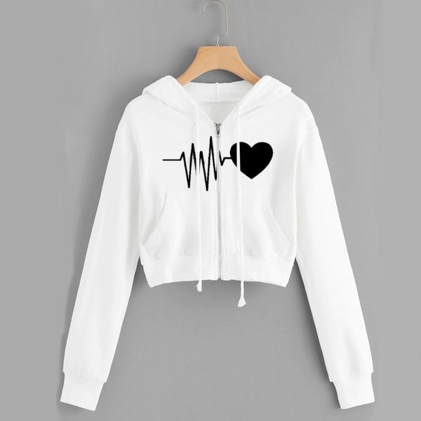 

women's hoodies sweatshirts heartbeat print zip up cropped hoodies sweatshirts for teen girls harajuku kpop korean style clothes autumn, Black