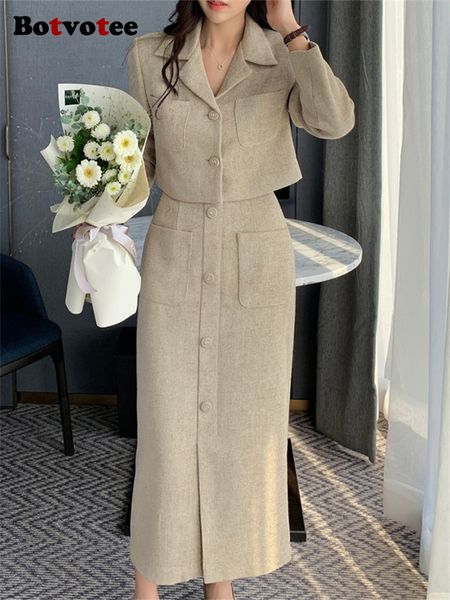 

two piece dress botvotee tweed two piece sets womens outifits vintage long sleeve turn down collar button up crop chic midi skirt sets 23082, White