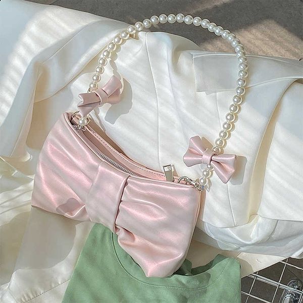

girly pearl bow cute underarm bag fairy women's small pink shoulder bag soft pu leather female pearlescent clutch purse handbags