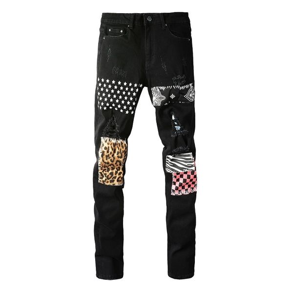 

men's jeans black men's distressed denim jeans bandanna patchwork slim fit damaged holes stretch ripped jeans 230827, Blue