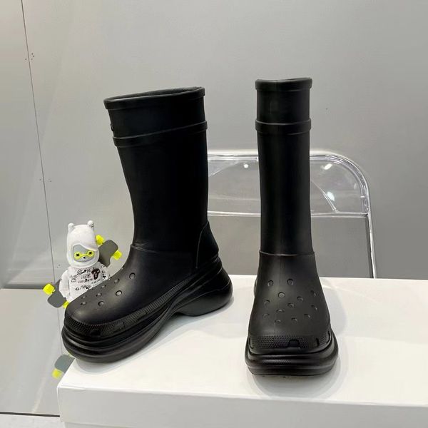 

paris show designer rain boots pink long platform rainboot round head sleeve knee high boots candy color tide waterproof and anti skid sleev, Black