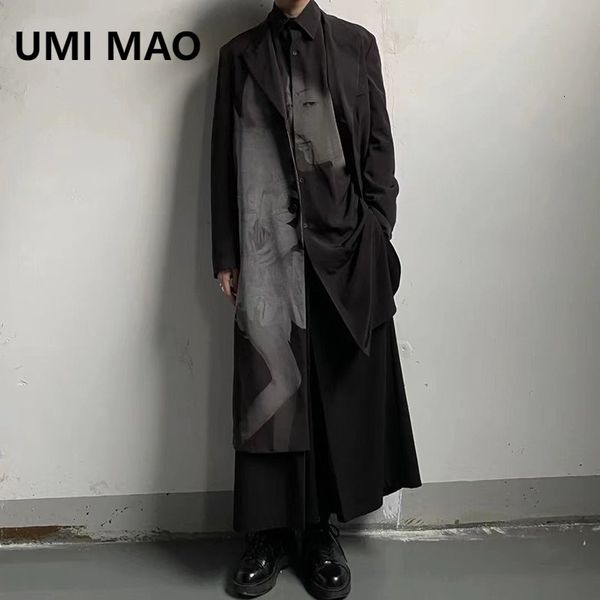 

men's trench coats umi mao autumn darkwear streetwear techwear medium length pleated skirt coat chic print baggy vintage windbreaker 23, Tan;black