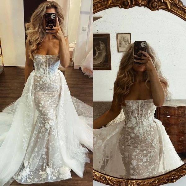 

berta mermaid wedding dresses overskirts appliques lace wedding dress illusion vintage robe de mariee bridal gowns, White