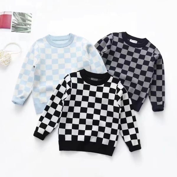 

pullover focusnorm 1-6y autumn casual kids girls boys sweater 3 colors checkerboard plaid knitted long sleeve pullover outwear 230826, Blue