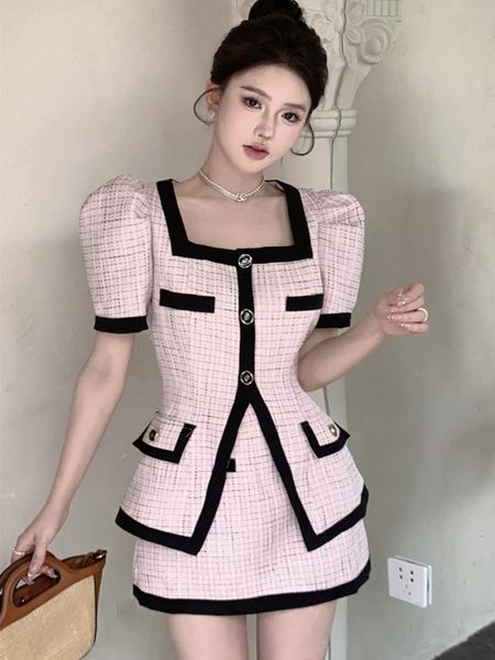 

two piece dress high street french vintage small fragrant tweed 2 piece sets women outfit summer jacket coat high waist skirt two piece set, White