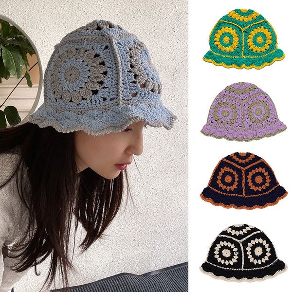 

beanie/skull caps korean hollow knitted hat women handmade crochet basin hat spring summer sunscreen sun hat female 230826, Blue;gray