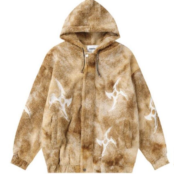 

hoodies winter fleece hooded jacket hip hop embroidery zipper coat streetwear 2023 fashion plush thick warm jacket, Black;brown