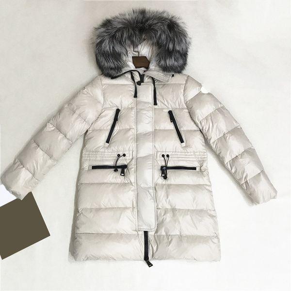 

monclairer fur collar women down jacket arm badge hooded puffer jacket mid-length chest pocket down jackets winter warm coat size 1--4, Black