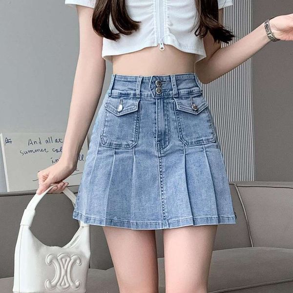 

high waisted pleated denim skirt for women summer large size fat mm belly covering slim looking design a line hip, Black