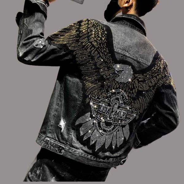 

jackets men's punk style fashion eagle embroidered patch jean jacket men denim streetwear slim black, Black;brown