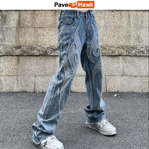 

men's jeans flame patch straight jeans pants for men washed harajuku vibe style retro denim trousers street casual y2k pant autumn hip, Blue