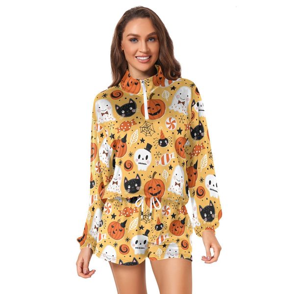 

women's hoodies sweatshirts 2023 fashion sporty sweatsuits ladies twopiece halloween printing zippered cropped hoodie and shorts suit s, Black