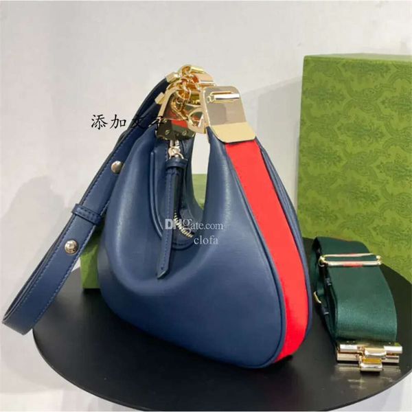 

attache large shoulder bag crescent moon tote designer for women g shaped hook closure ebony blue red web trim additional leather strap