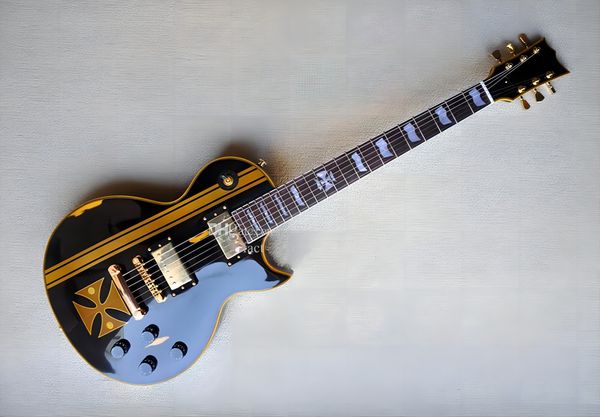 

factory custom glossy black electric guitar with relic style rosewood fingerboard gold hardwares white pearl fret i