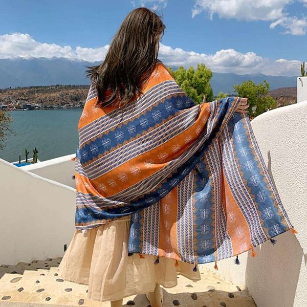 

silk scarf women summer seaside sunscreen national style beach shawl thin super large all match air condition, Blue;gray