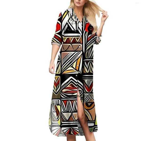 

casual dresses geometric printed slit shirt dress women's fashion lapel buttons single breasted long vestidos para mujer, White;black