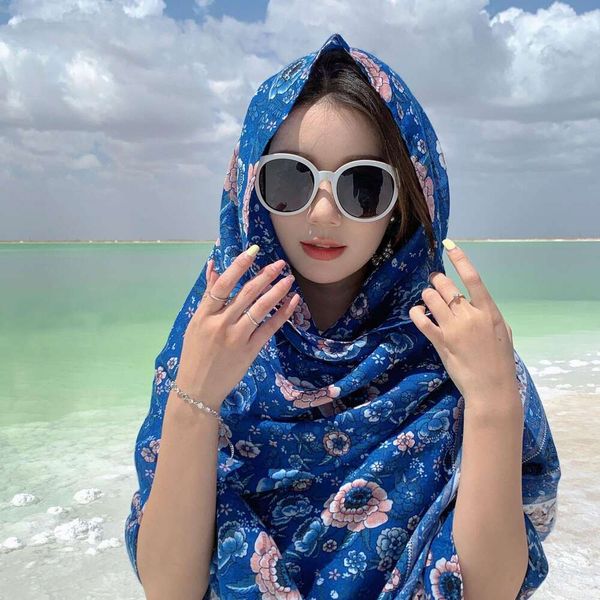 

and salt lake travel pgraphy sunscreen scarf ethnic style blue color cotton linen feel outer shawl, Blue;gray