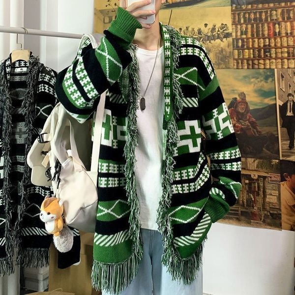 

men's sweaters sense of design tassels highquality cardigan lazy style men loose leisure geometric printing japan fashion green 230826, White;black