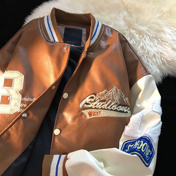 

men's jackets men's leather jacket spring autumn american vintage pu baseball jerseys embroidery hip hop loose coats 230826, Black;brown