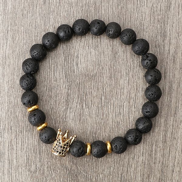 

bangle men crown beaded bracelet natural volcanic lava stone strand stretch bangles women yoga bracelets oil diffuser jewelry pulseras 23082, Black