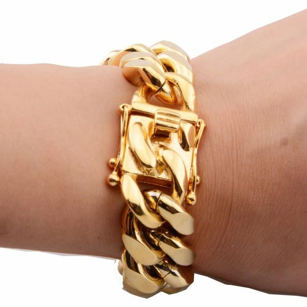 

bangle 81012141618mm gold colorrose gond stainless steel curb cuban link chain bracelet bangle jewelry 711inch for men women 230826, Black