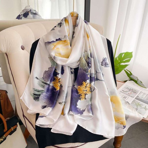 

vintage floral scarf long summer brocade shawl satin chiffon fashionable and elegant, Blue;gray