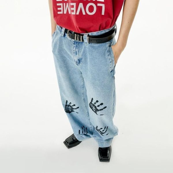 

men's jeans y2k jeans hip hop 4 palms printed black pants men women trend fashion punk loose straight wide leg trousers streetwear 2308, Blue