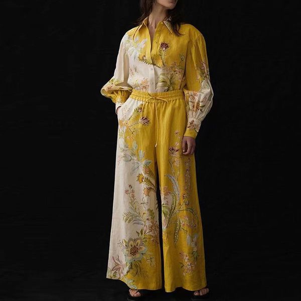 

designer two piece autumn matching printed loose shirt high waisted wide leg pants casual fashion two piece set women, White