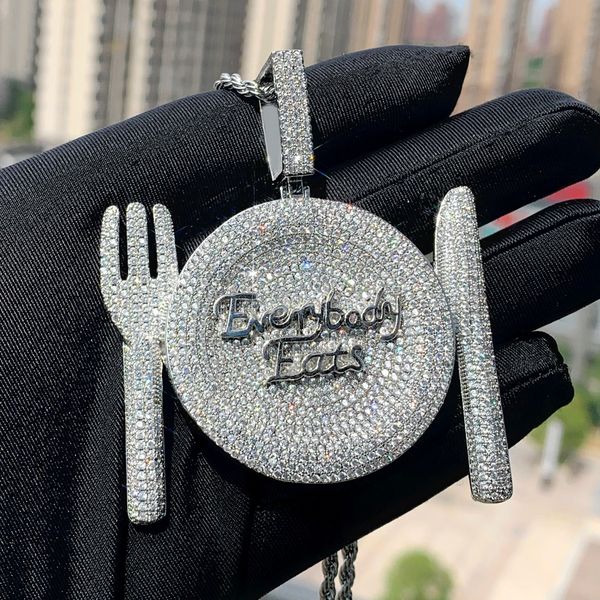 

pendant necklaces sparking bling 5a cz everybody eats pendant for men hip hop iced out rock punk letters two tone gold plated necklace jewel, Silver