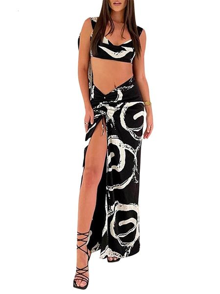 

two piece dres summer 2 pieces outfits graffiti print vneck camisole sleeveless sling tank and drawstring ruched long skirts set 230826, White