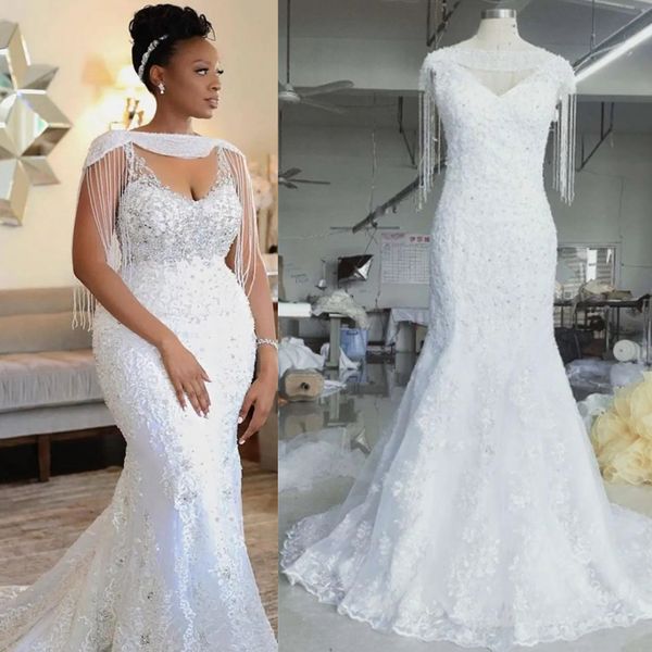 

african mermaid wedding dresses with shrug tassels beading deep v neck wedding dress plus size lace bridal vestidos de noiva, White