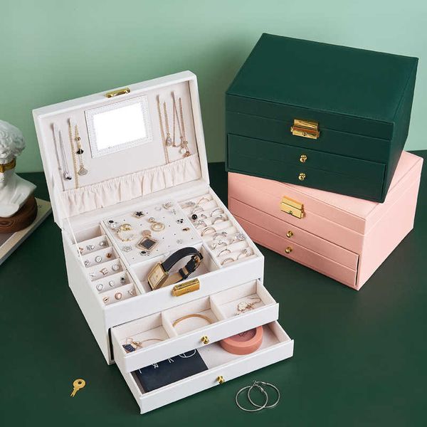 

double layer jewelry box portable necklace earrings rings organizer packaging pu leather storage joyeros organizador 230814, Black;white