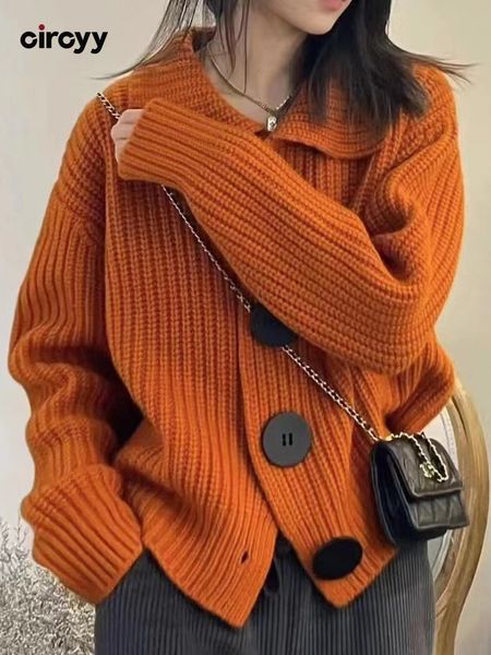 

women's knits tees circyy knitted cardigan women sweater turn-down collar chic big button loose korean warm autumn winter cardigan y2k, White