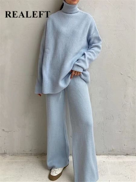 

women's two piece pants 2 pieces women sets knitted tracksuit turtleneck sweater and wide leg jogging pants pullover suit 230826, White