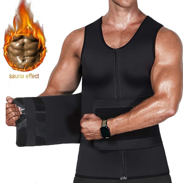 

men's body shapers mens sauna vest sweat trimmer body shaper slimming waist trainer zipper neoprene tank shapewear workout weight loss, Black;brown