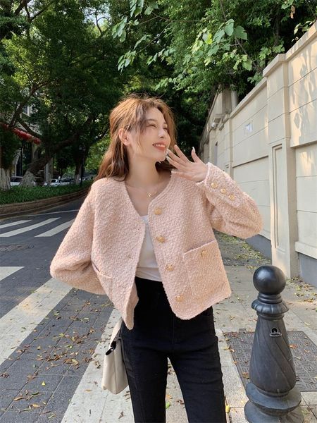 

new fashion women's autumn o-neck long sleeve pink short tweed woolen jacket coat sml368, Black;brown