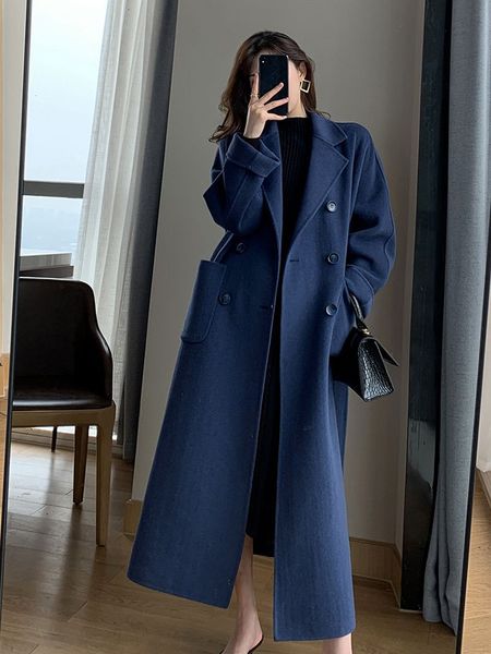 

women's wool blends jmprs winter woolen long coat casual women double breasted faux wool jacket fall fashion korean ladies black clothe