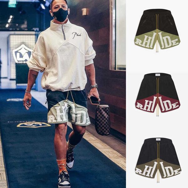 

rhude large print with two-color drawstring trend casual street shorts zipper breathable capris, White;black