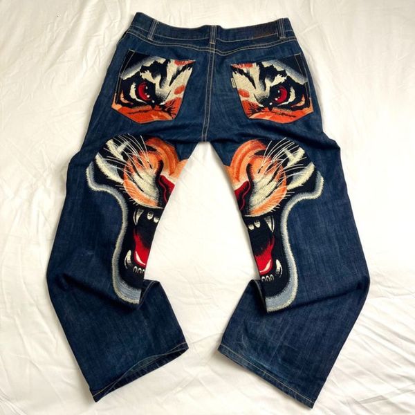 

men's jeans y2k jeans harajuku printing hip hop oversized baggy jeans black vintage denim pants men women gothic wide trousers streetwe, Blue
