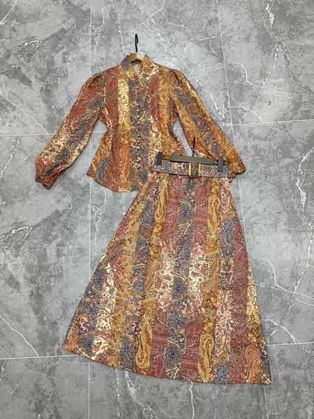 

australian designer, 2023 new stand neck vintage print and mid length skirt, White